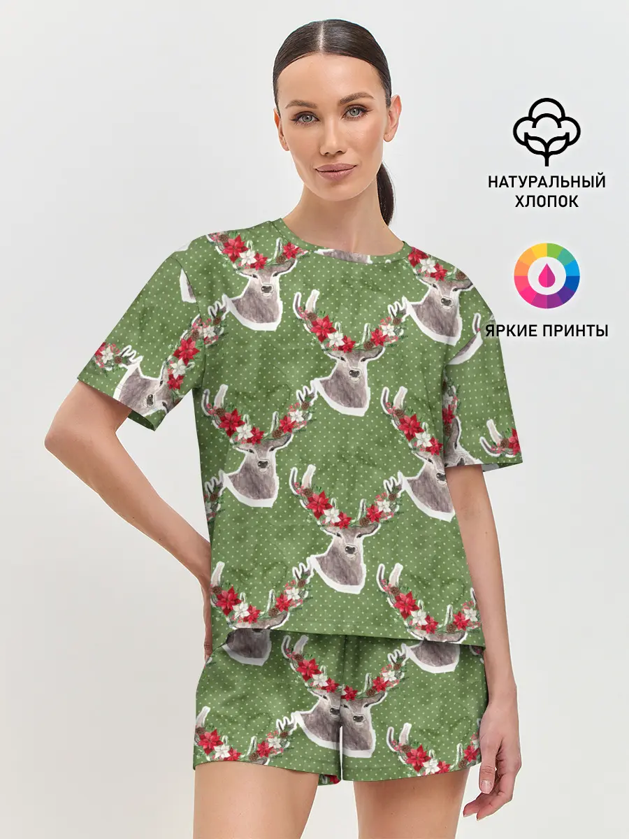 Женская пижама с шортами / Новогодние олени 2022