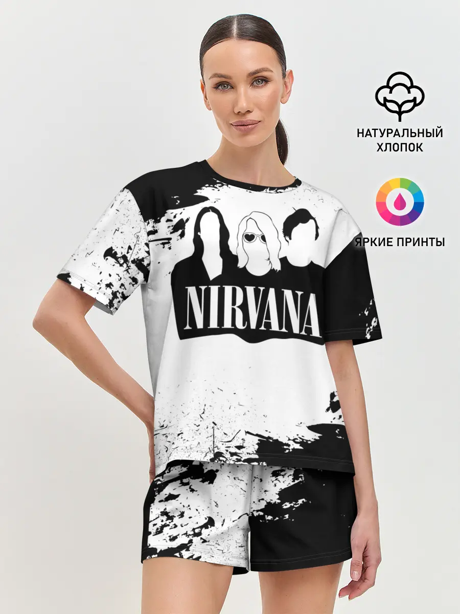 Женская пижама с шортами / Нирвана Рок Группа Гранж ЧБ | Nirvana