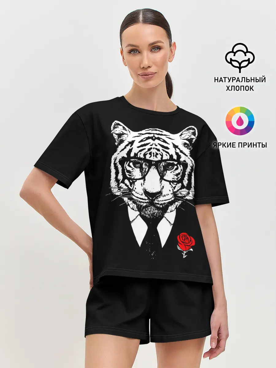 Женская пижама с шортами / Тигр с красной розой