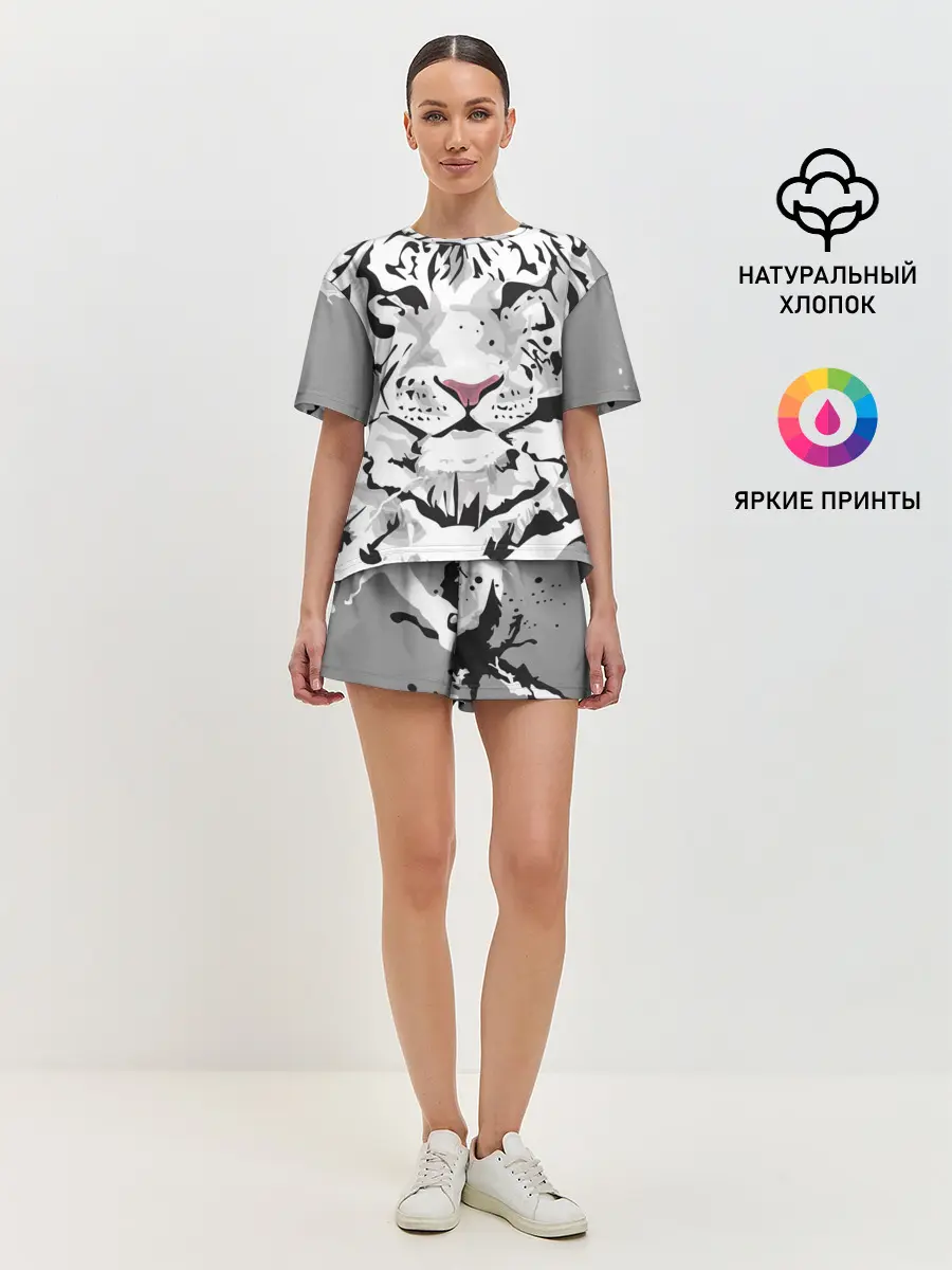 Женская пижама с шортами / Белый снежный тигр