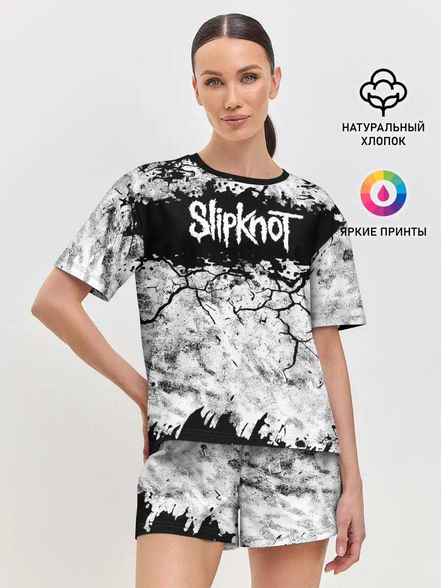 Женская пижама с шортами / Надпись Слипкнот Рок Группа ЧБ | Slipknot