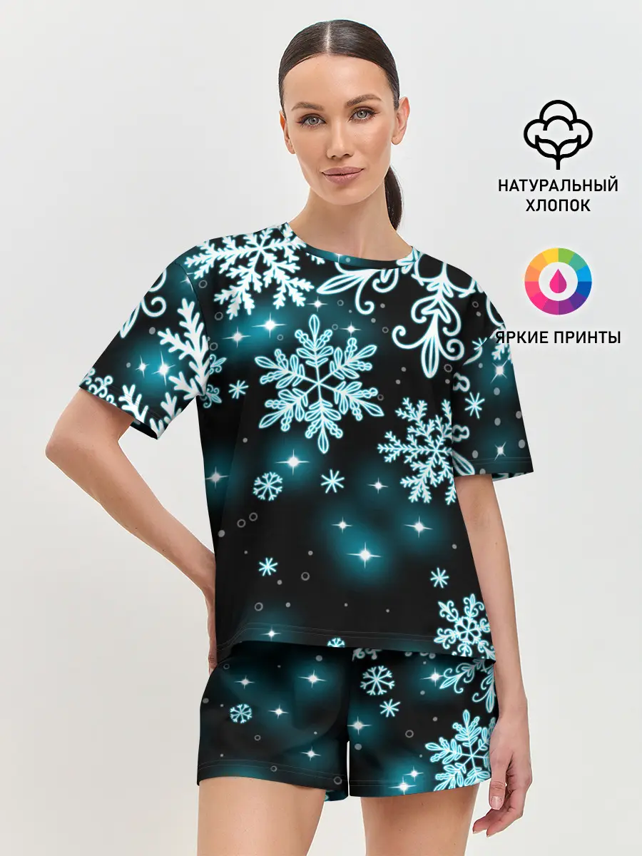 Женская пижама с шортами / Космические снежинки