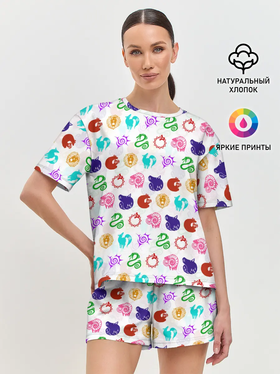 Женская пижама с шортами / 7 СМЕРТНЫХ ГРЕХОВ ЦВЕТНОЙ ПАТТЕРН СИМВОЛЫ