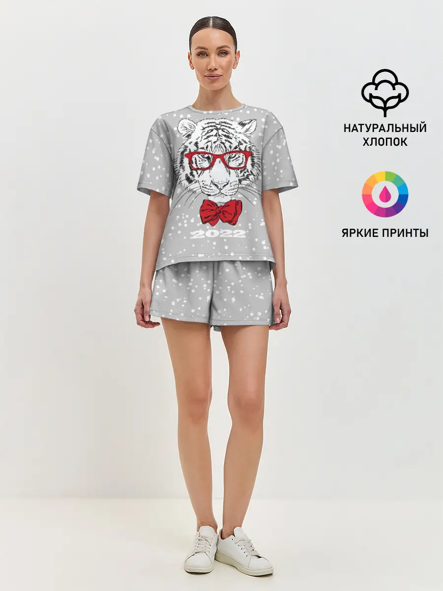 Женская пижама с шортами / Белый тигр с красным бантом