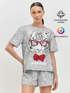 Женская пижама с шортами / Белый тигр с красным бантом