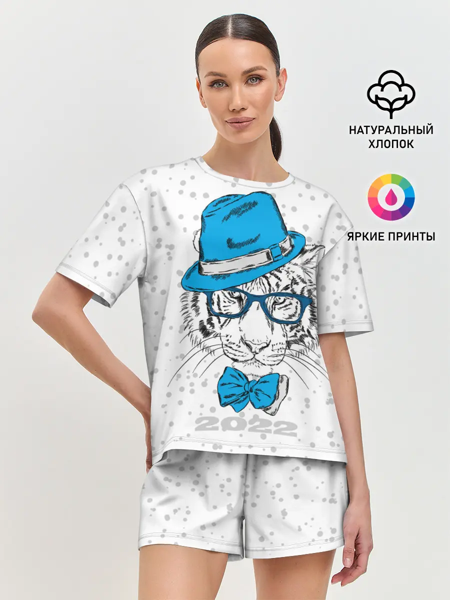 Женская пижама с шортами / Белый тигр в синей шляпе