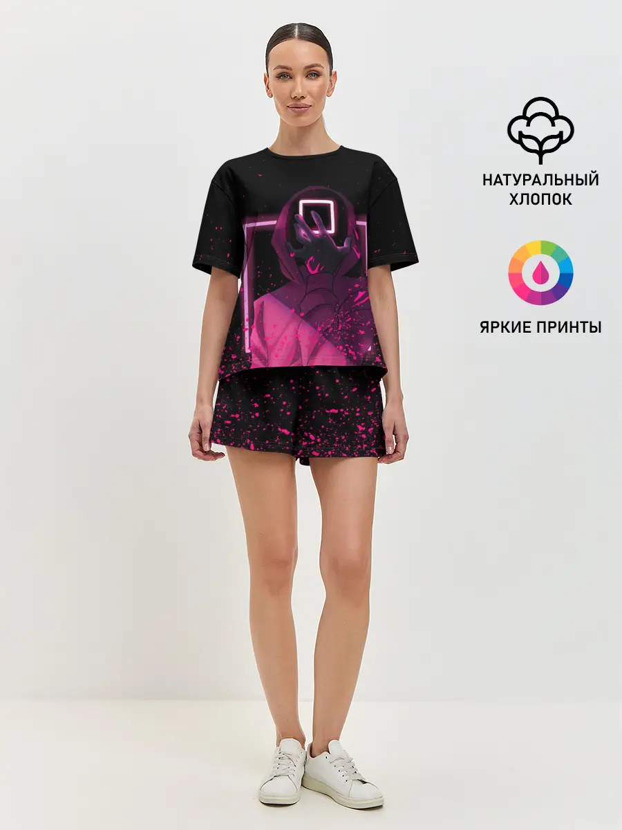 Женская пижама с шортами / ИГРА В КАЛЬМАРА НЕОН, СТРАЖ КВАДРАТ 029