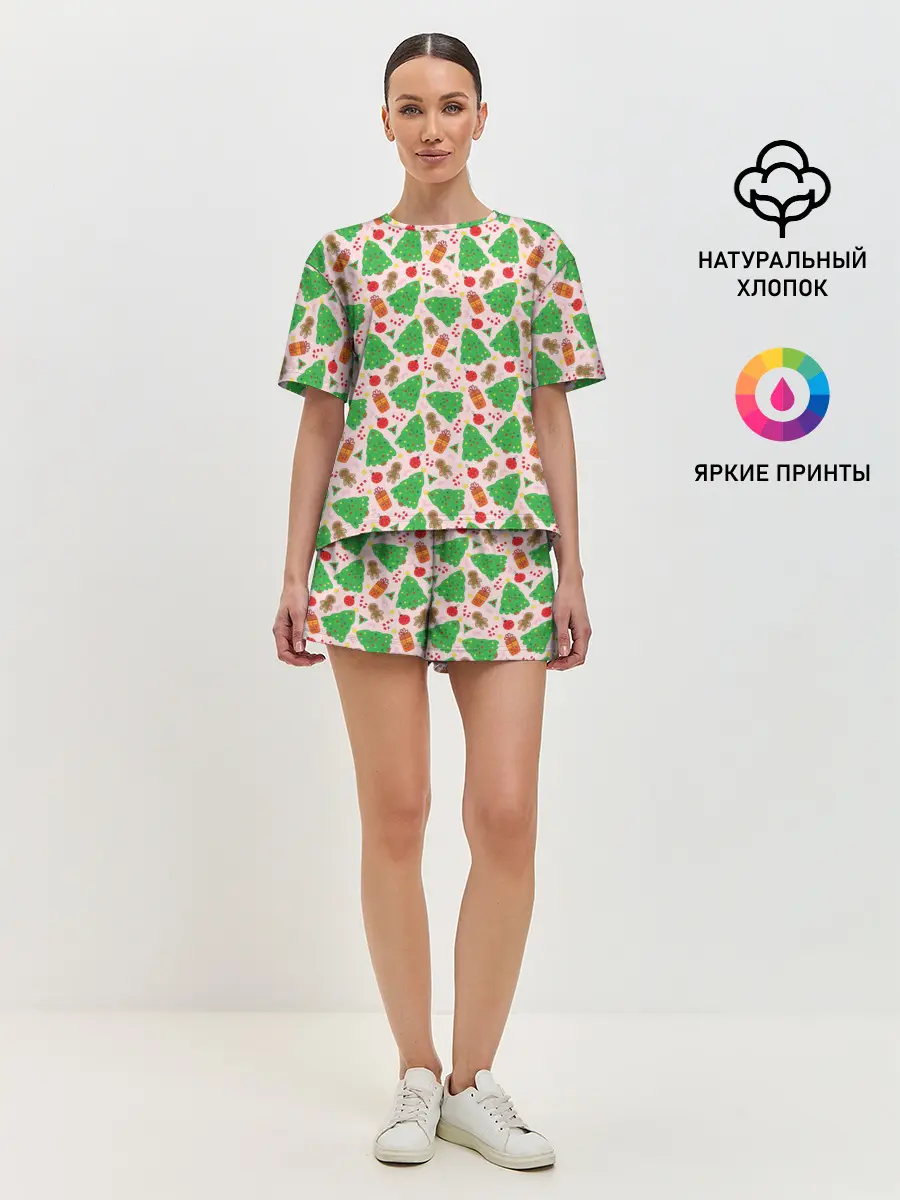 Женская пижама с шортами / Новогодние ёлки и подарки