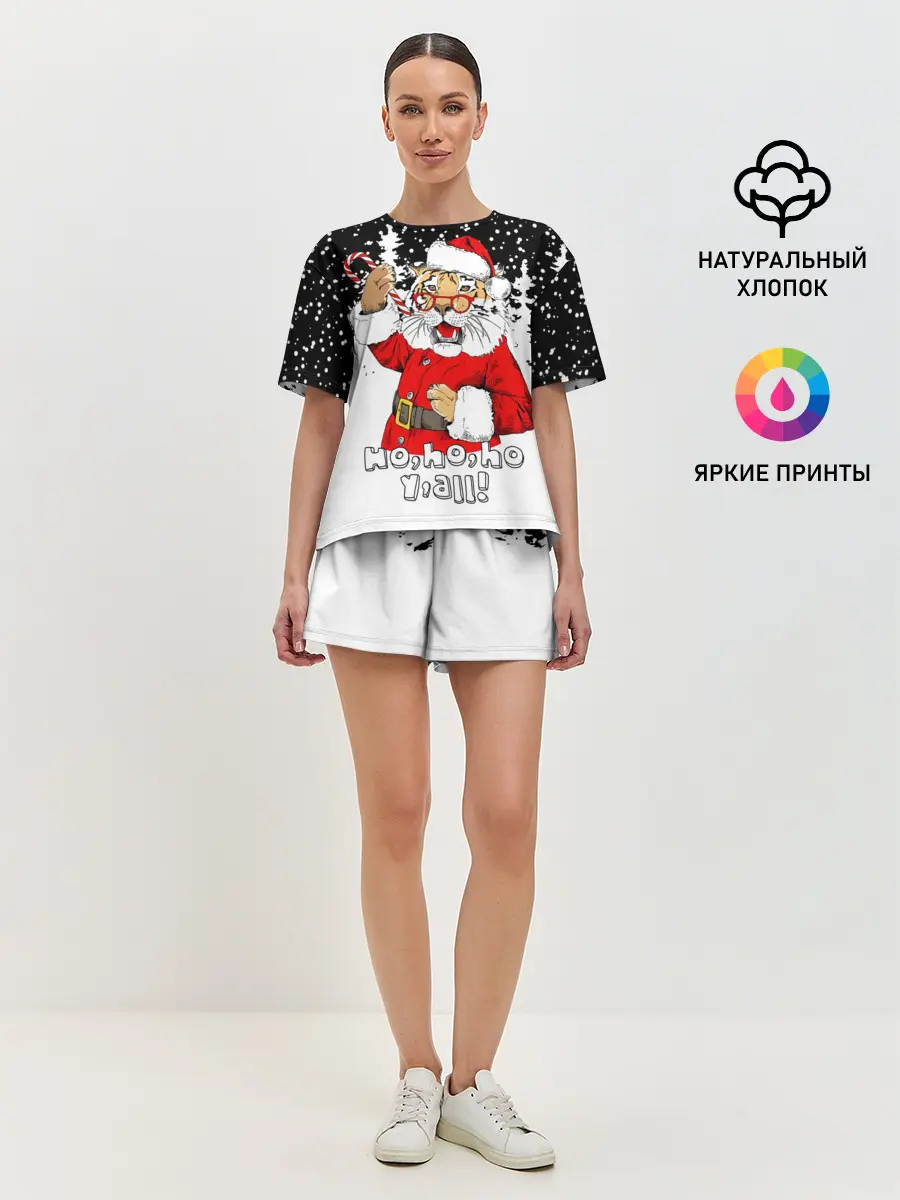 Женская пижама с шортами / Тигр в шубе Санта Клауса