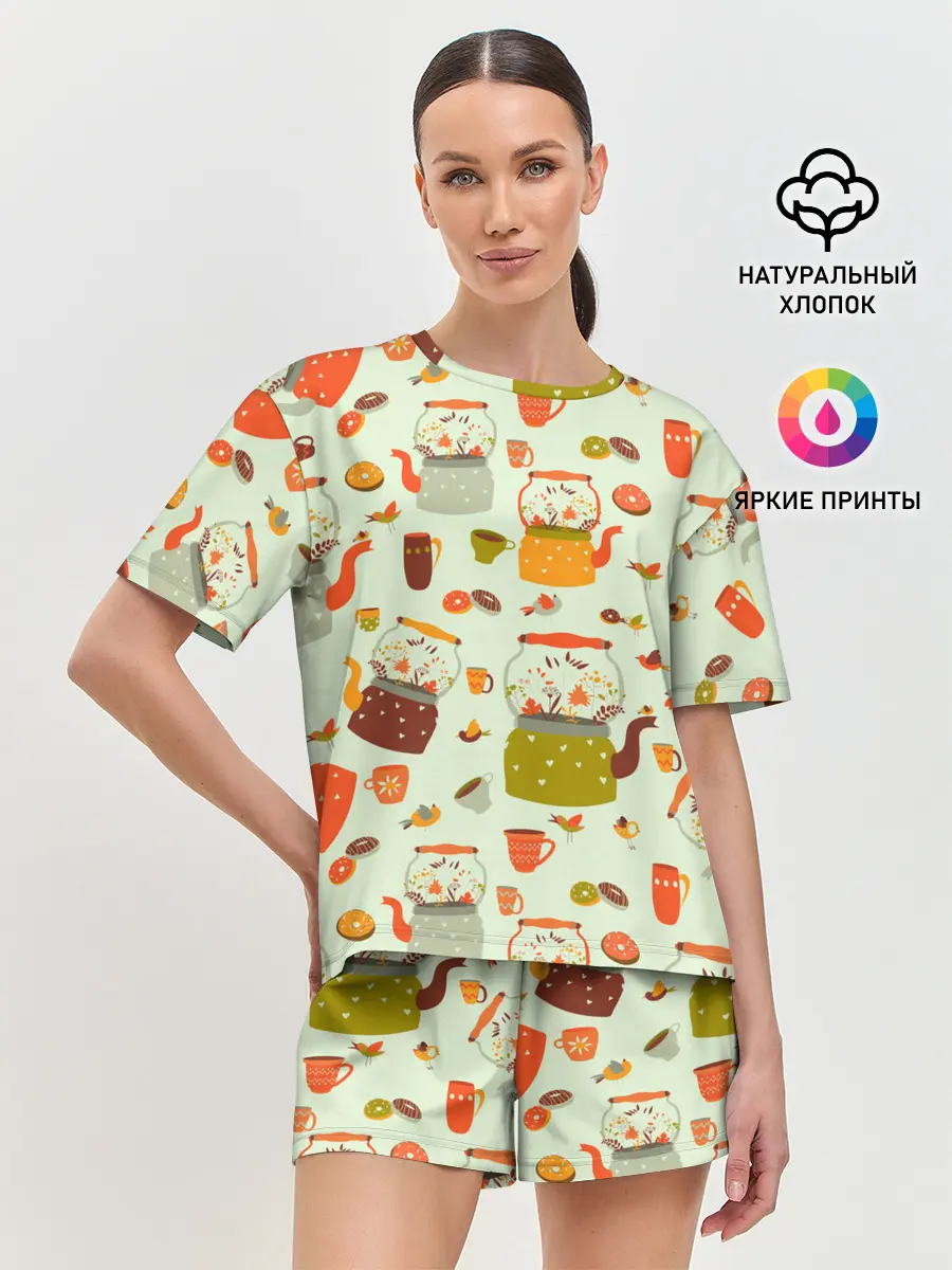 Женская пижама с шортами / осенние чаепитие
