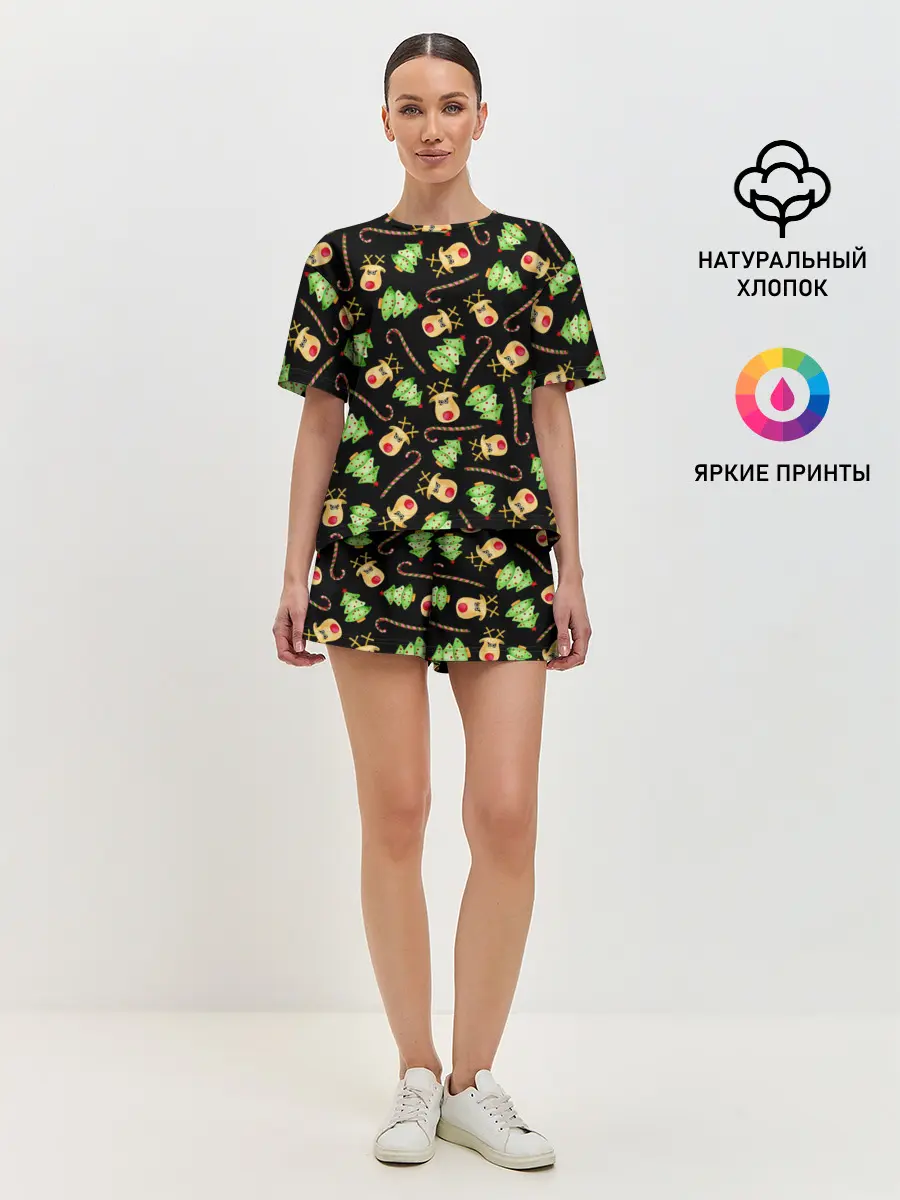 Женская пижама с шортами / Олени, елки и карамель