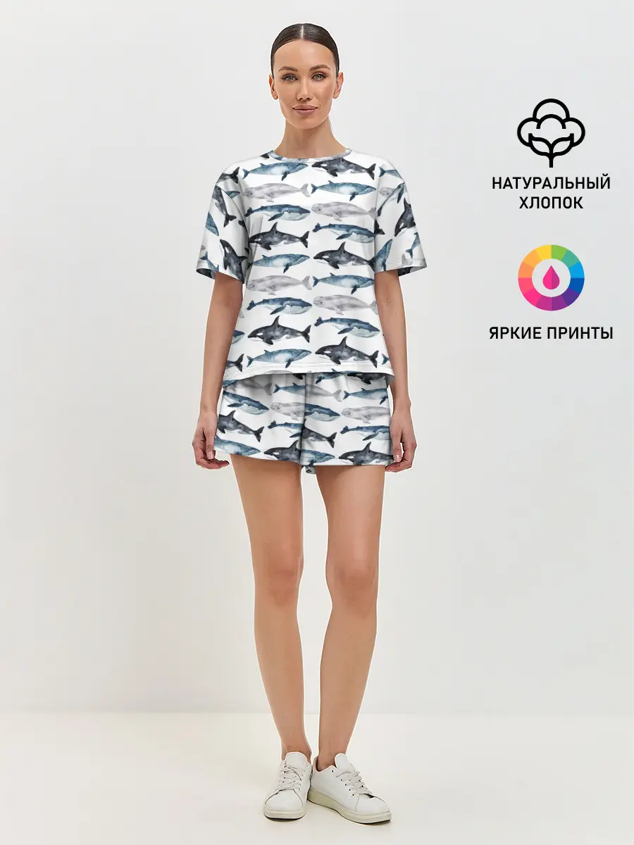 Женская пижама с шортами / принт с китами