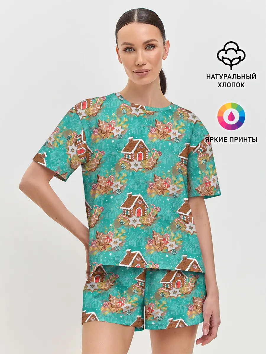 Женская пижама с шортами / Рождественские пряники паттерн