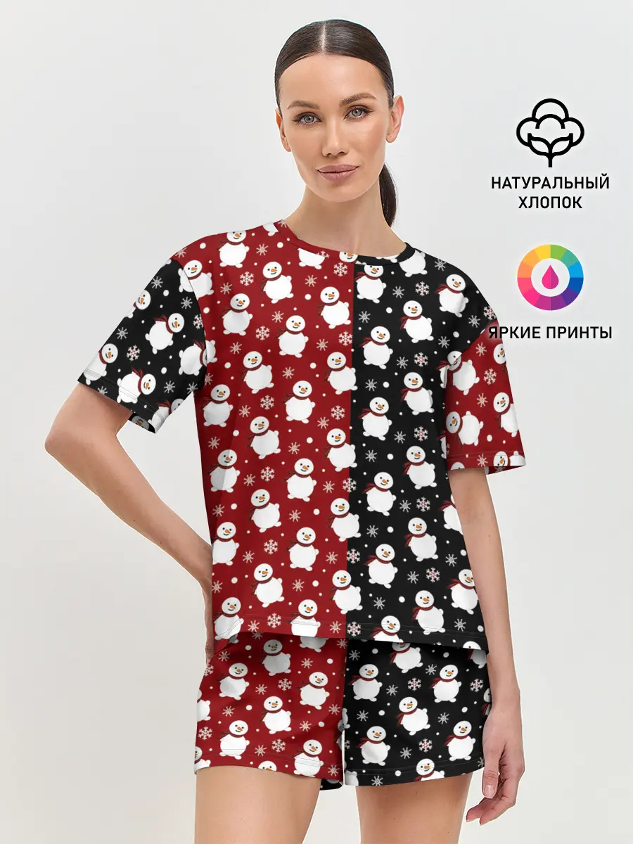 Женская пижама с шортами / Снеговики, снежинки и снег