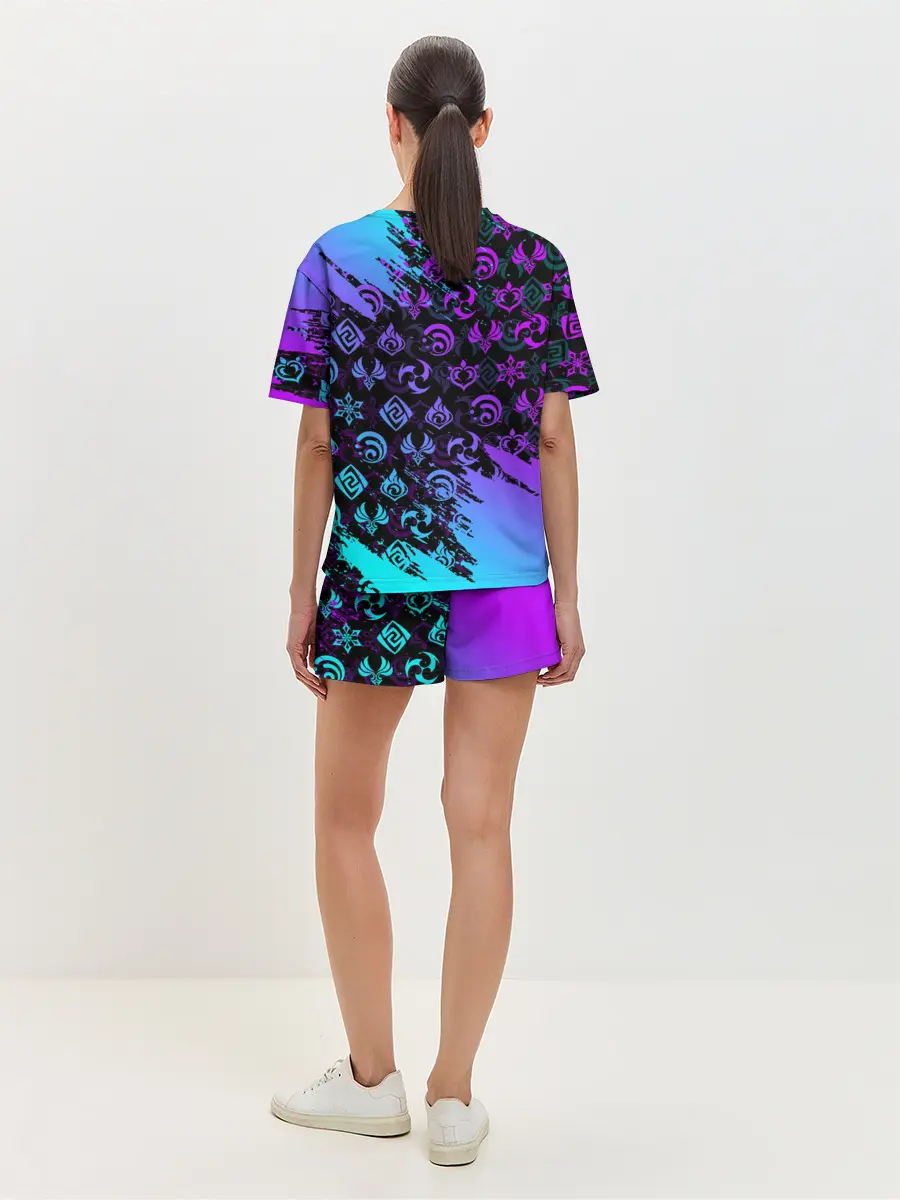 Женская пижама с шортами / GENSHIN NEON PATTERN SYMBOL / НЕОН ЭМБЛЕМЫ