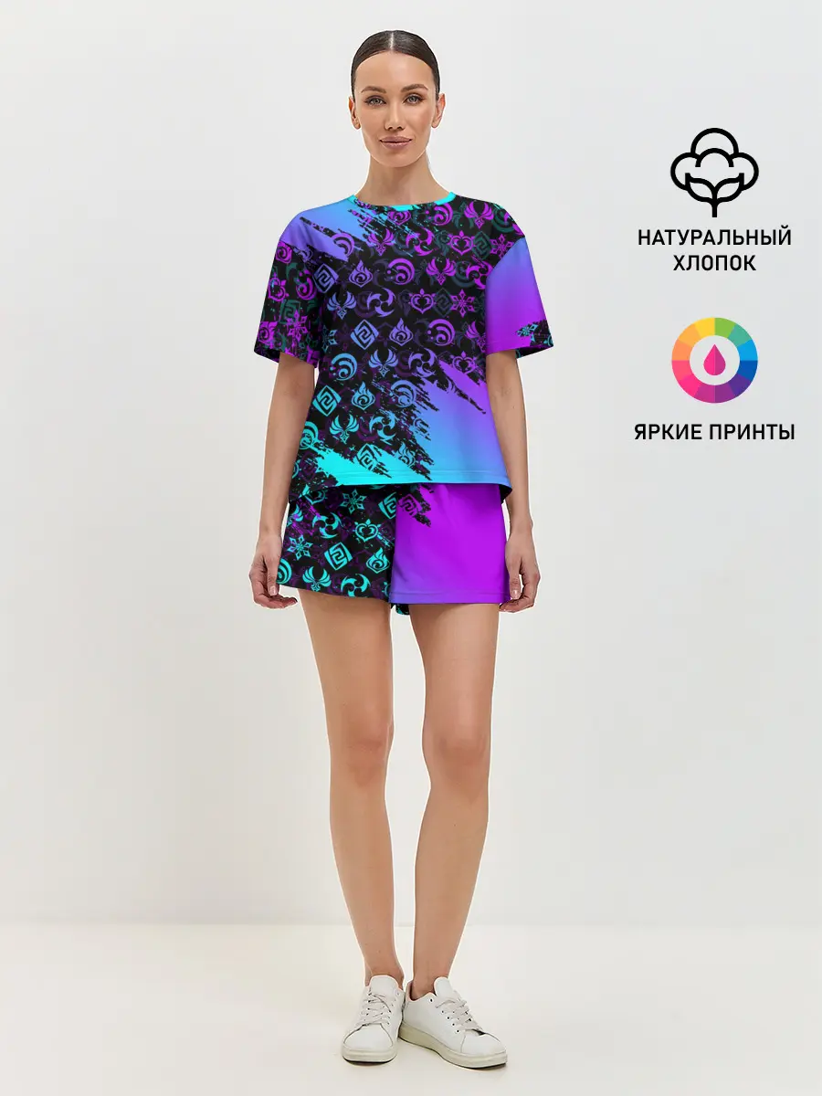 Женская пижама с шортами / GENSHIN NEON PATTERN SYMBOL / НЕОН ЭМБЛЕМЫ