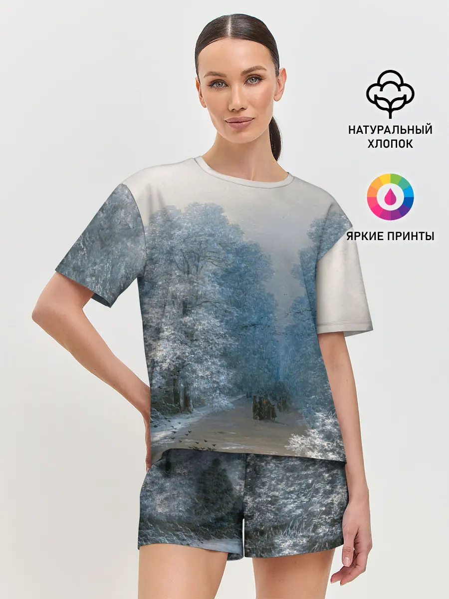 Женская пижама с шортами / Зимний пейзаж картина маслом