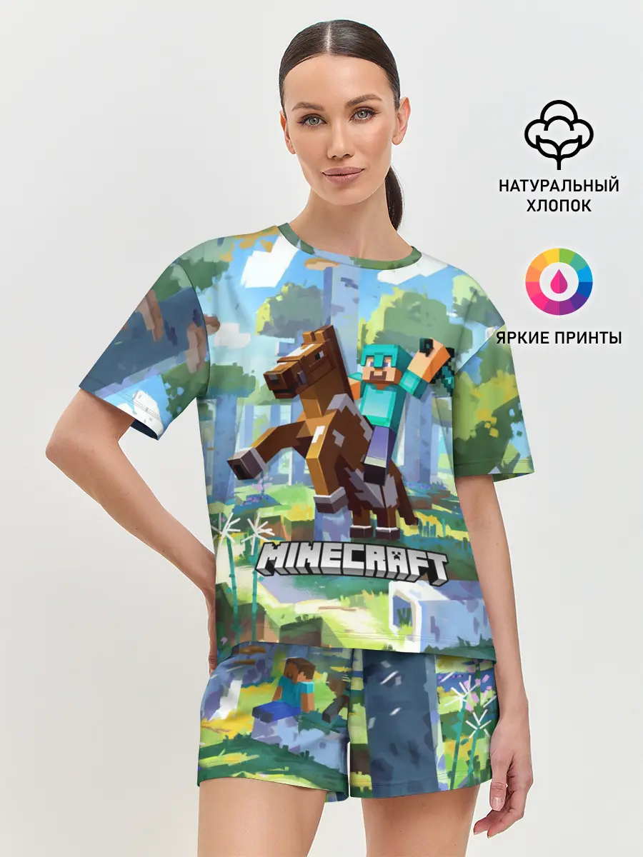 Женская пижама с шортами / Майнкрафт на коне в березовом лесу