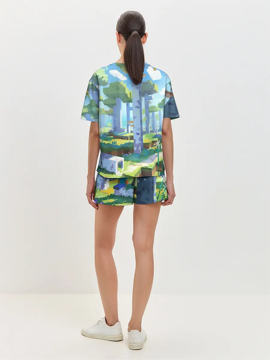 Женская пижама с шортами / Майнкрафт на коне в березовом лесу