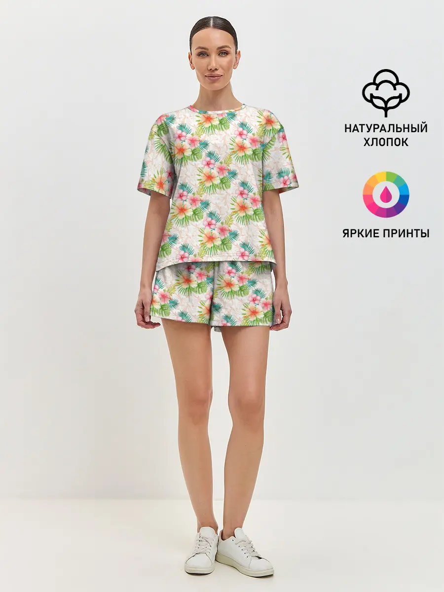 Женская пижама с шортами / Гавайские цветы
