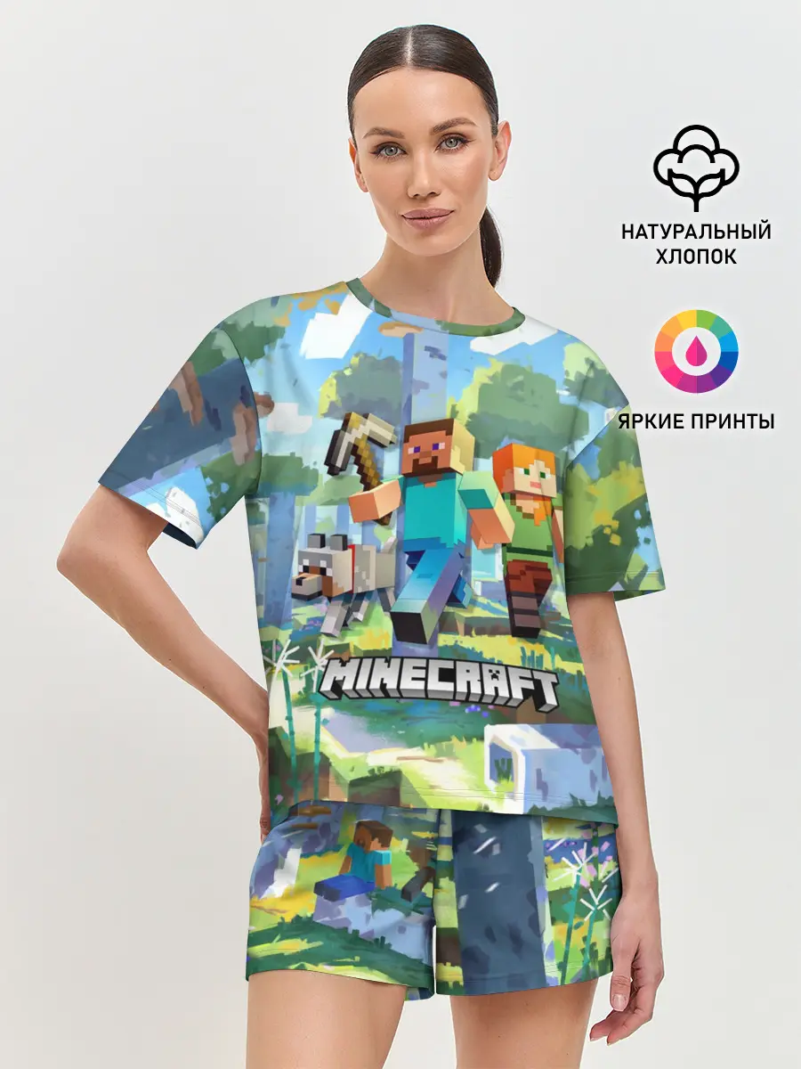 Женская пижама с шортами / Манйкрафт, березовый лес