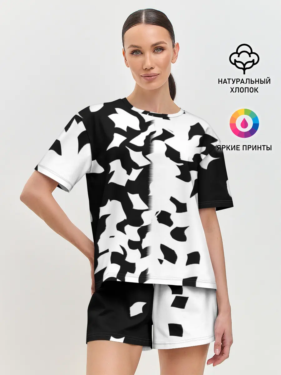 Женская пижама с шортами / черно-белый камуфляж