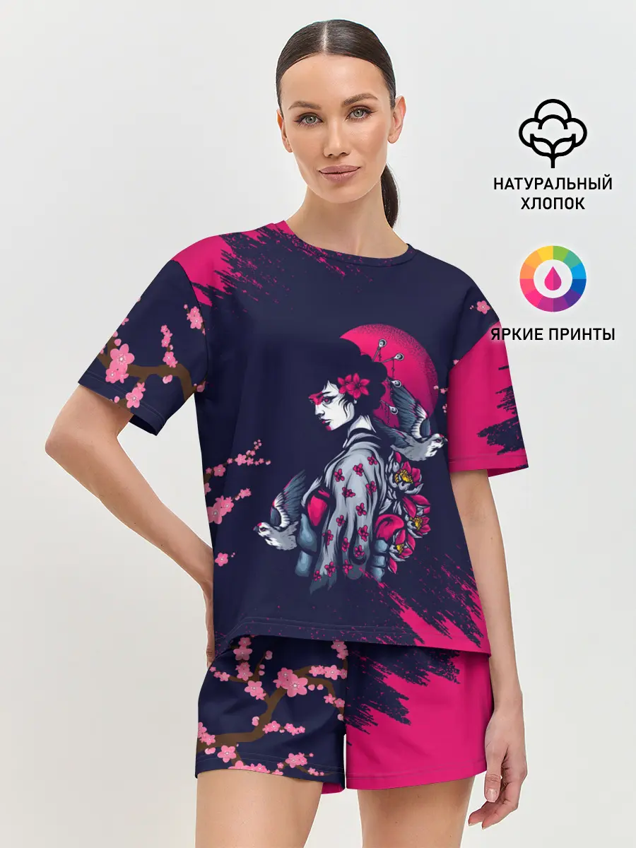 Женская пижама с шортами / ДЕВУШКА В КИМОНО И ПТИЦАМИ