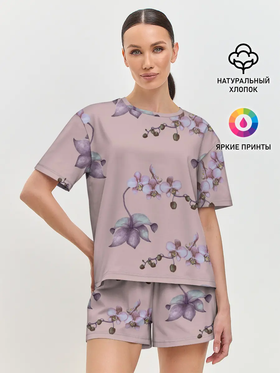 Женская пижама с шортами / Розовые орхидеи на розовом фоне