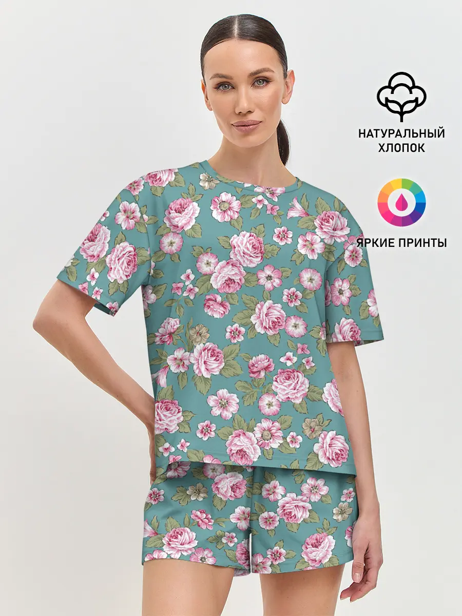 Женская пижама с шортами / Поле розовых цветов