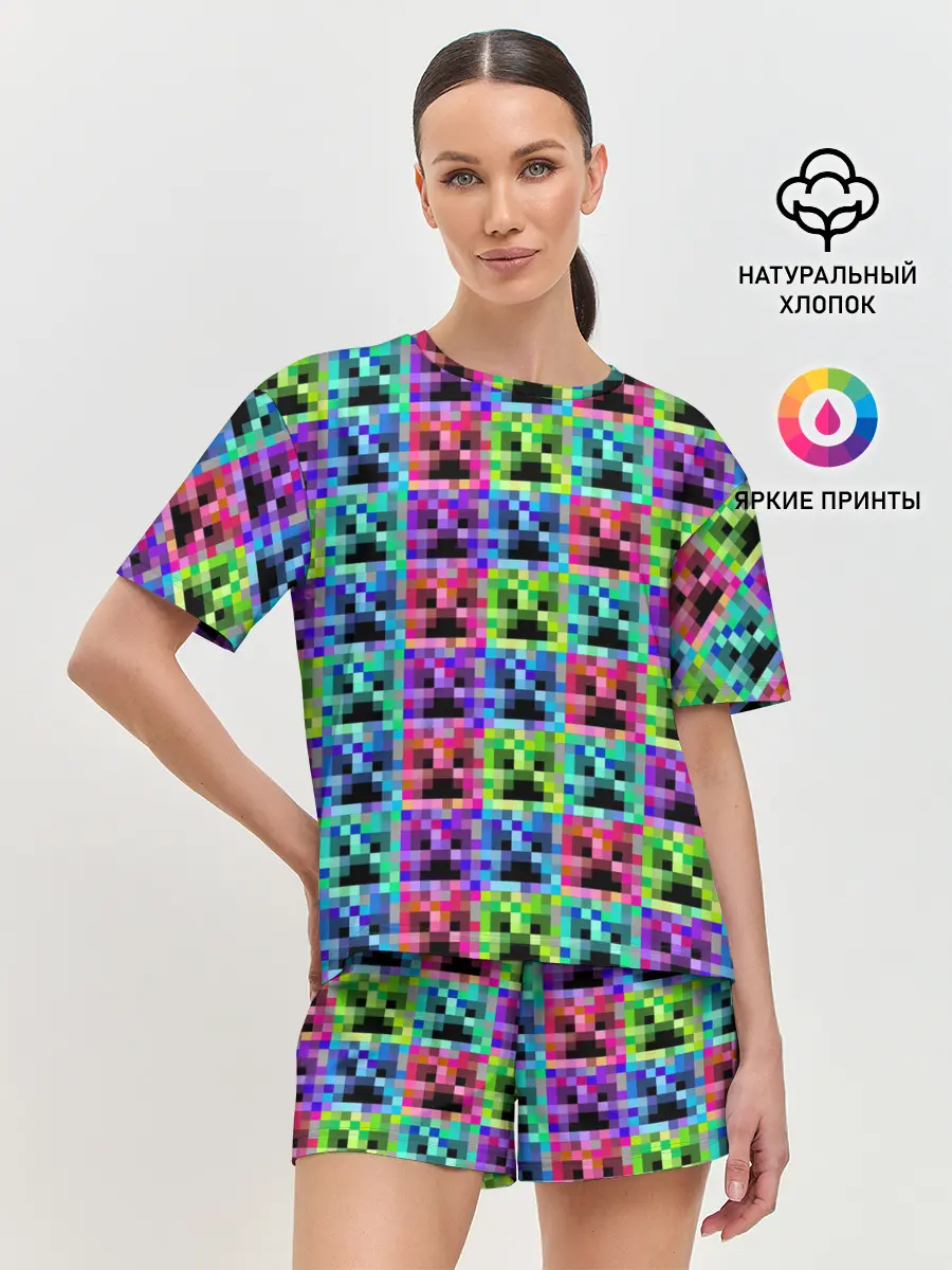 Женская пижама с шортами / МАЙНКРАФТ / MINECRAFT ЦВЕТНЫЕ КРИПЕРЫ