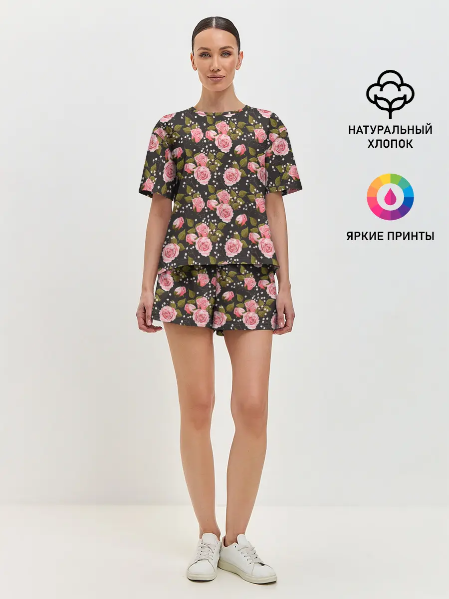 Женская пижама с шортами / Яркие розовые розы