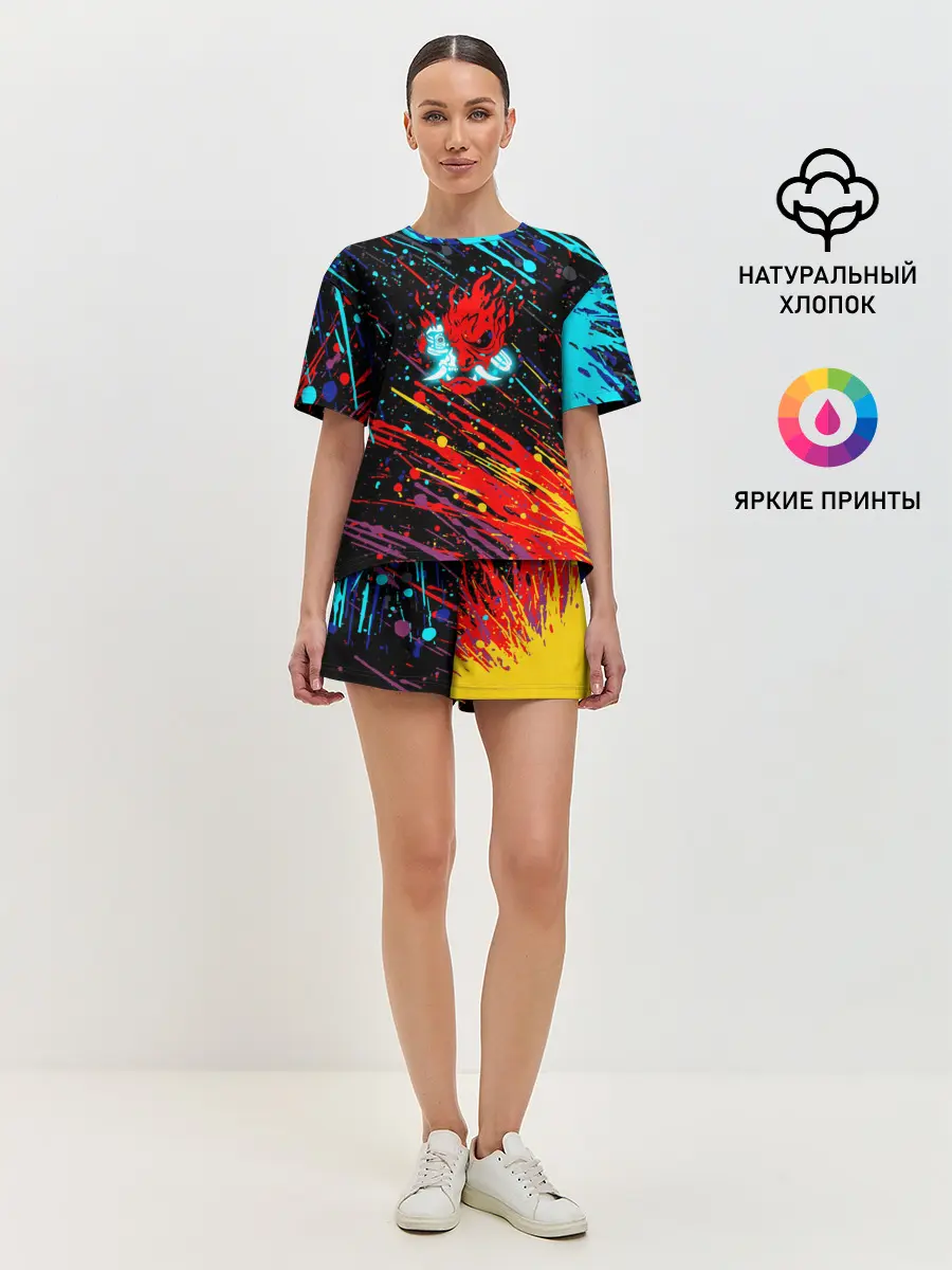 Женская пижама с шортами / Cyberpunk 2077 Цветные брызги.
