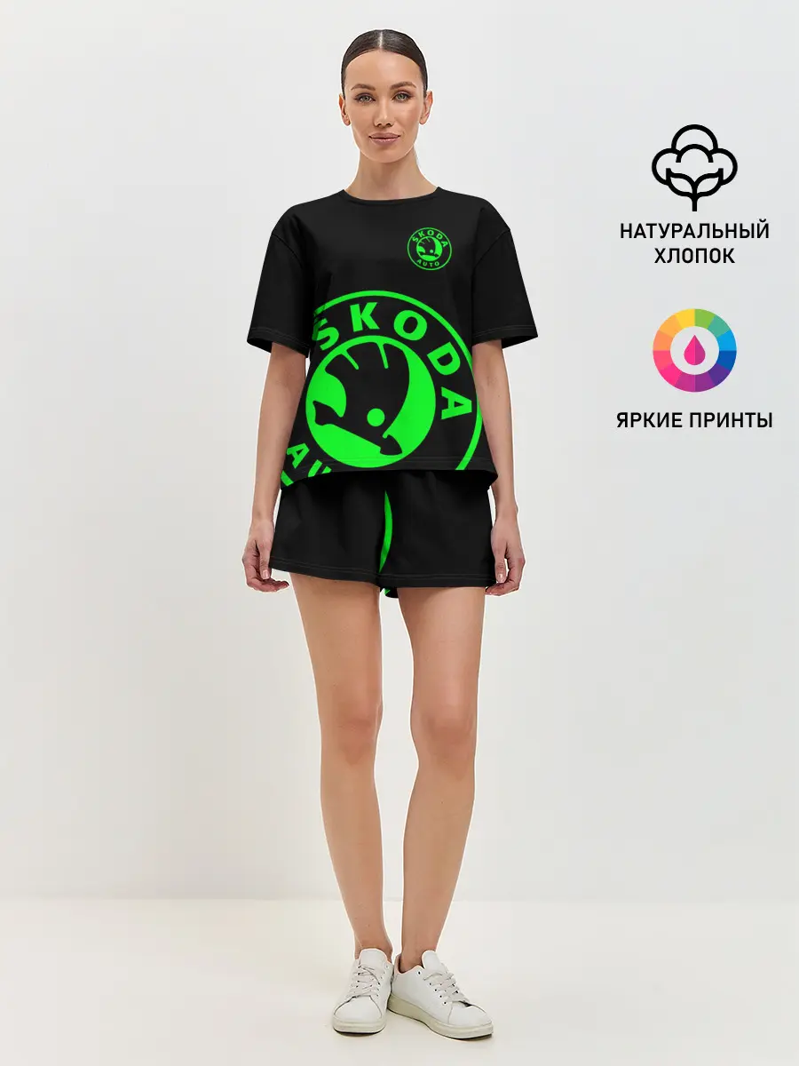 Женская пижама с шортами / SKODA GREEN LOGO BLACK STYLE