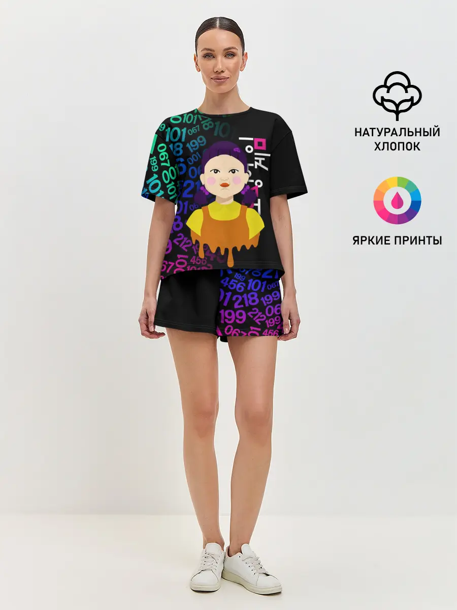 Женская пижама с шортами / ИГРА В КАЛЬМАРА / SQUID GAME / КУКЛА / УЗОР