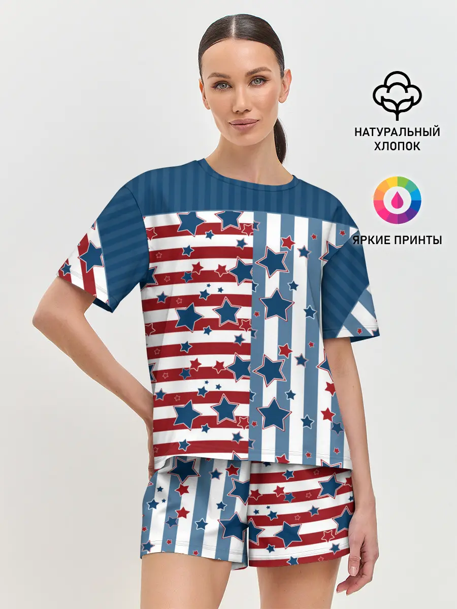 Женская пижама с шортами / Голубые звезды на полосатом