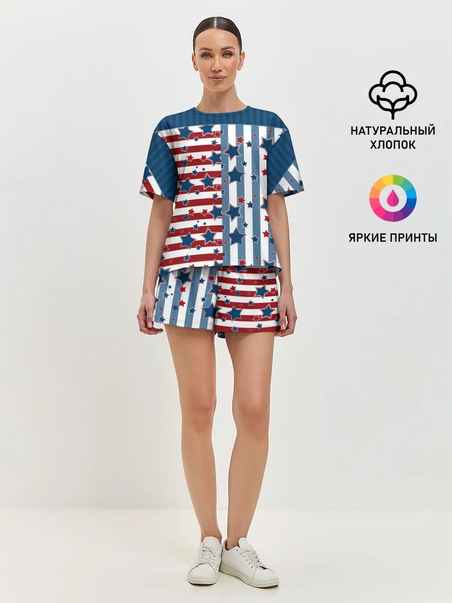 Женская пижама с шортами / Голубые звезды на полосатом