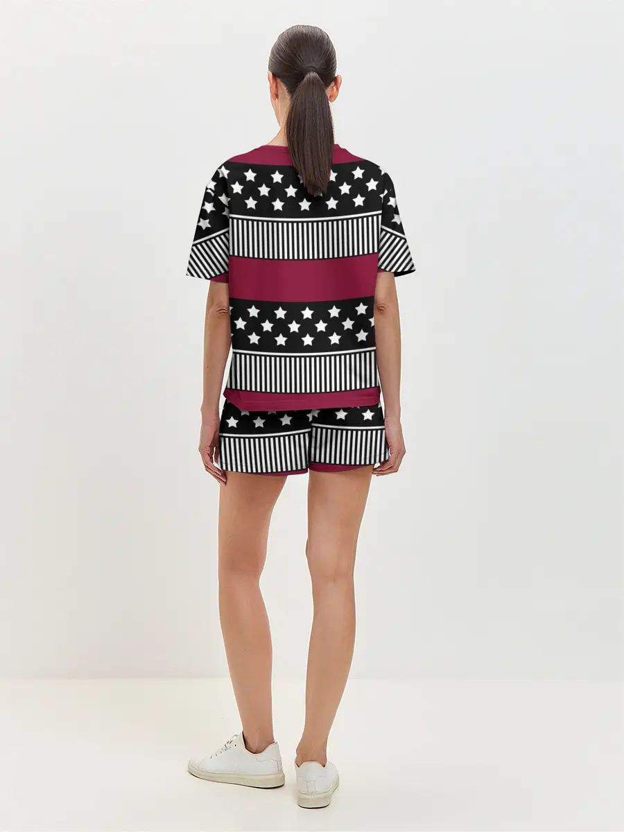 Женская пижама с шортами / Бордово-черный узор полосатый