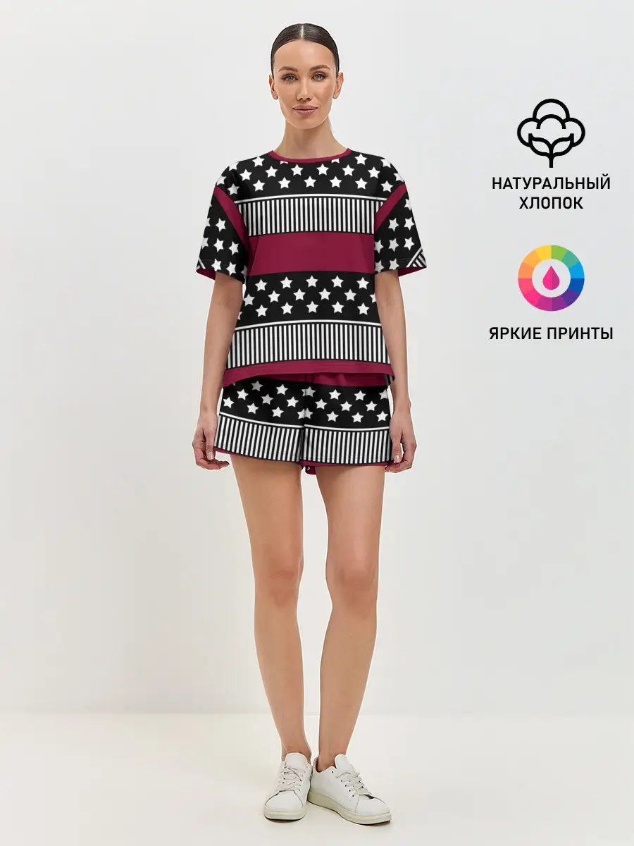 Женская пижама с шортами / Бордово-черный узор полосатый