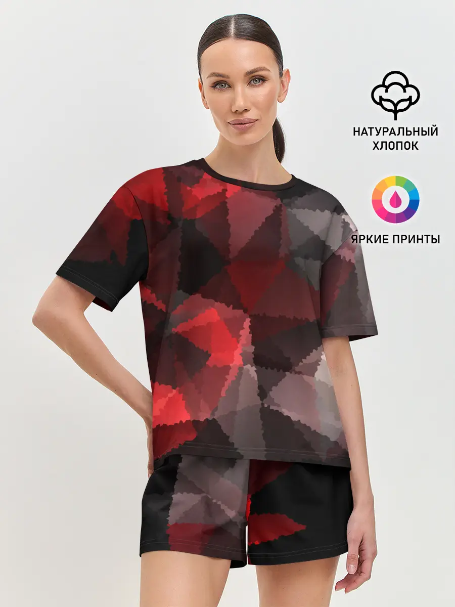 Женская пижама с шортами / Серо-красная абстракция