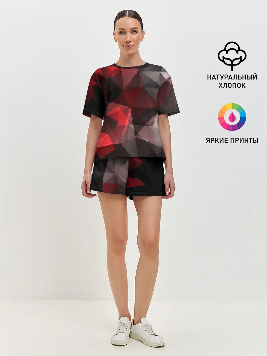 Женская пижама с шортами / Серо-красная абстракция
