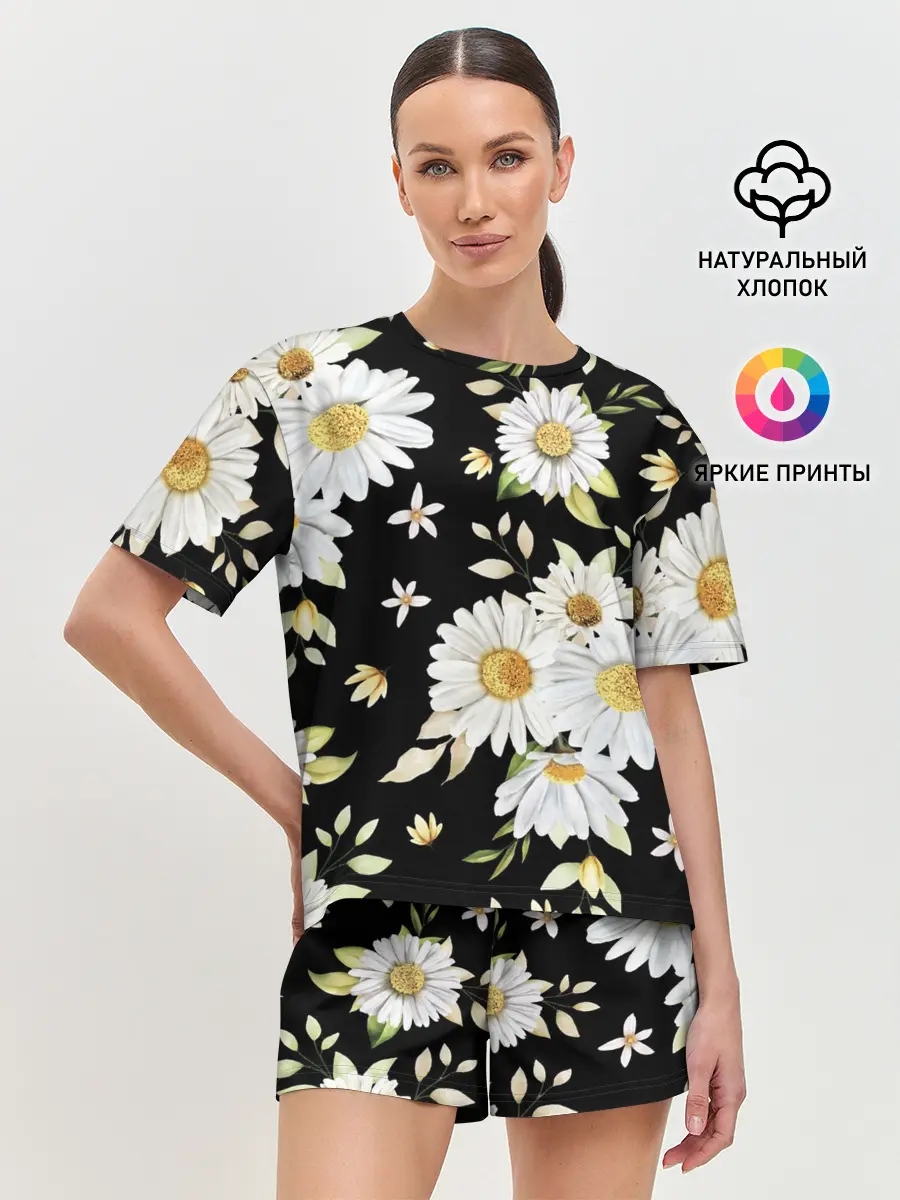 Женская пижама с шортами / Ромашки на черном фоне