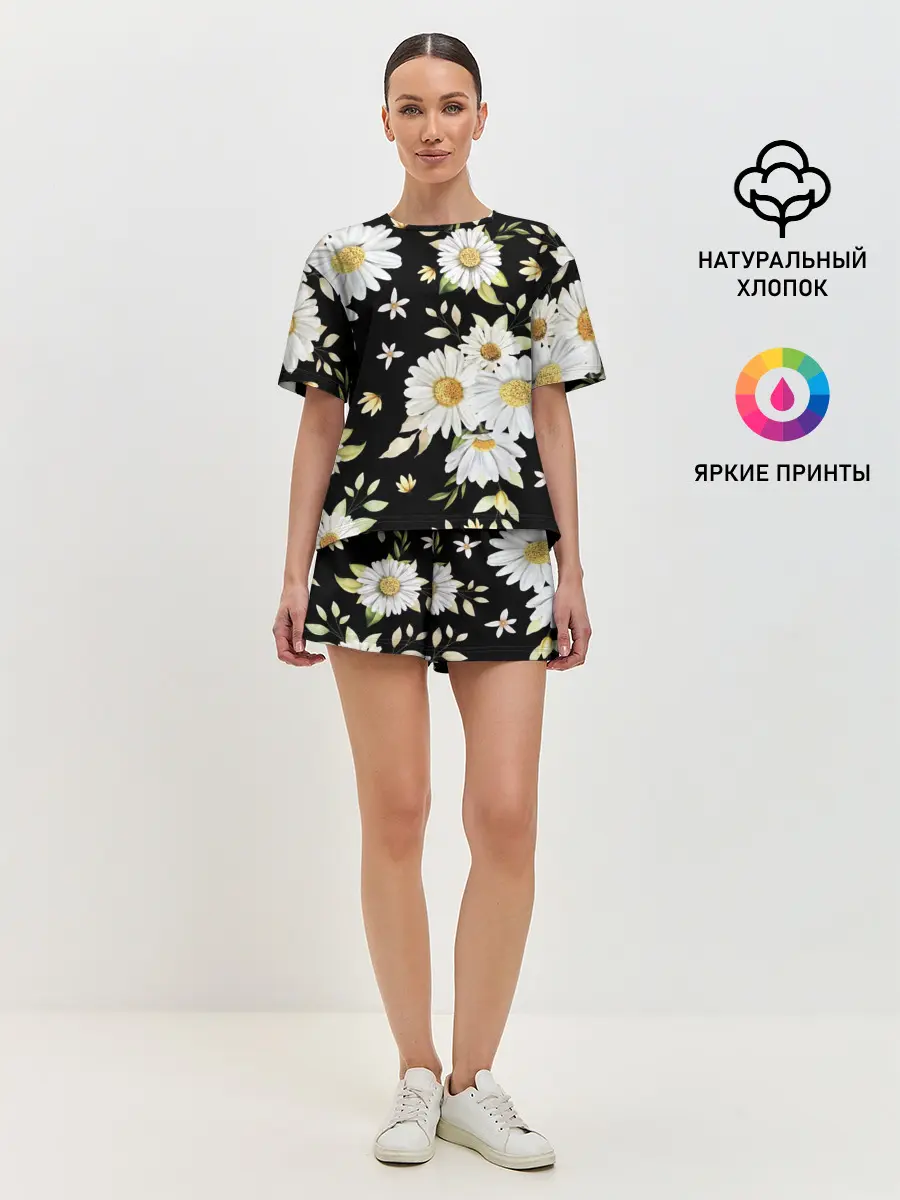 Женская пижама с шортами / Ромашки на черном фоне