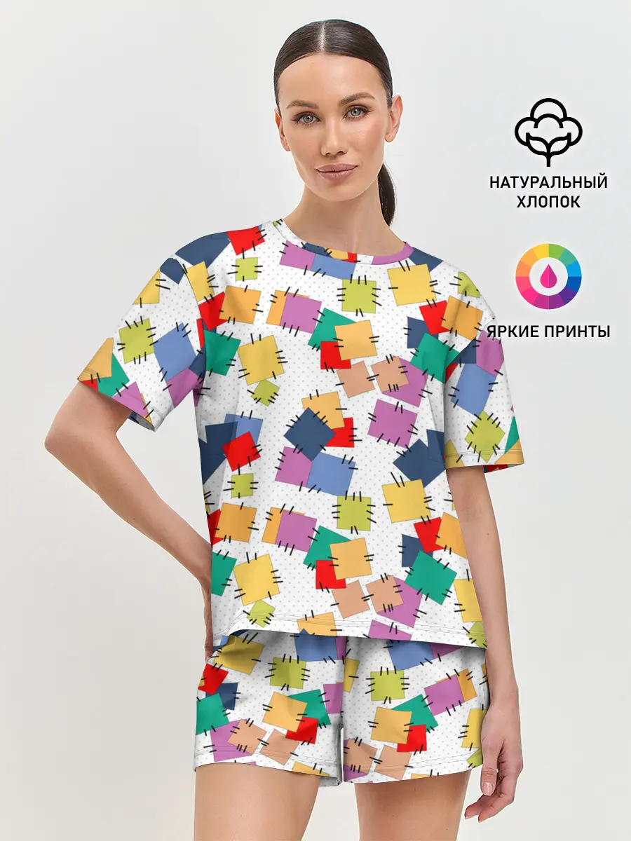 Женская пижама с шортами / Ретро узор-заплатки.