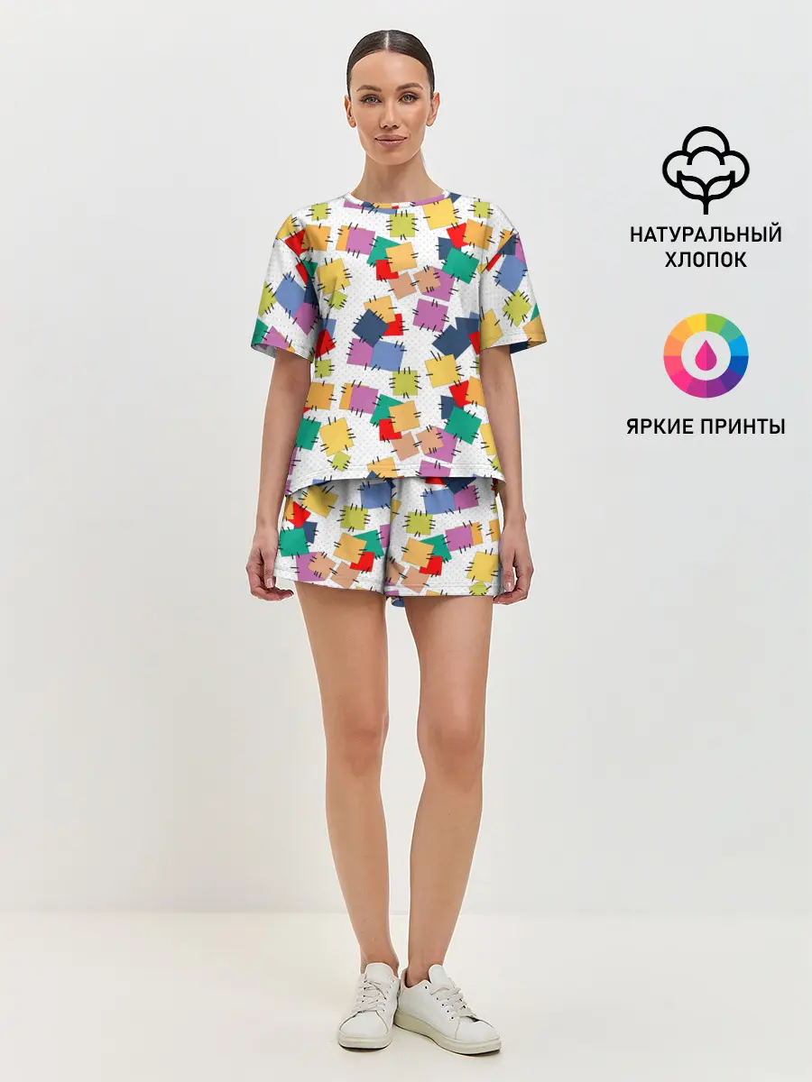 Женская пижама с шортами / Ретро узор-заплатки.