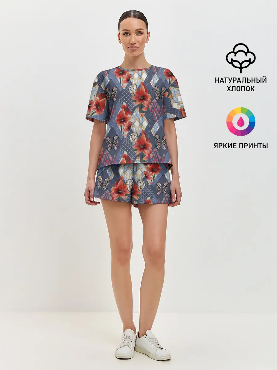 Женская пижама с шортами / Оранжево-серый пэчворк