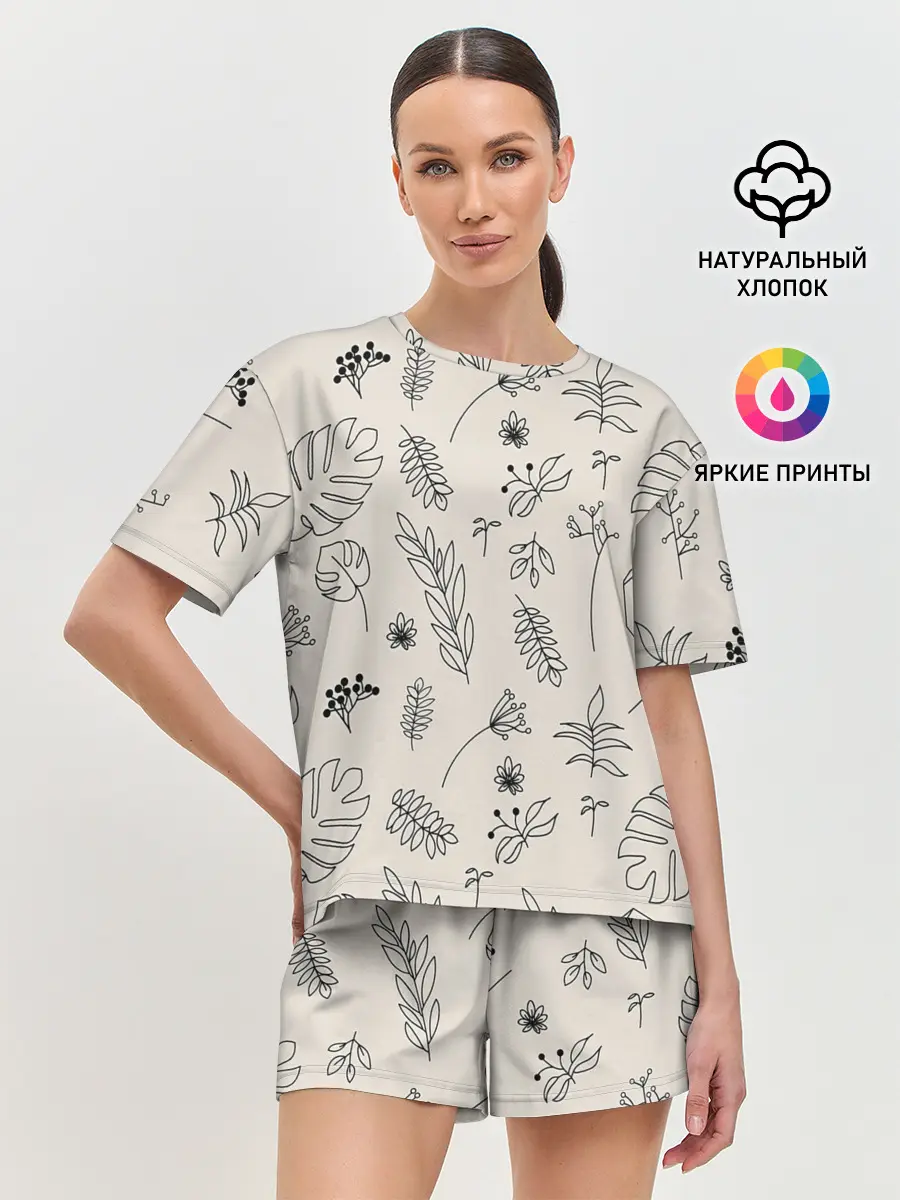 Женская пижама с шортами / Цветы и листья