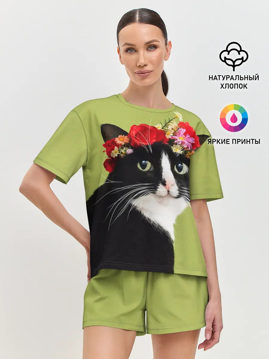 Женская пижама с шортами / Кот и цветы