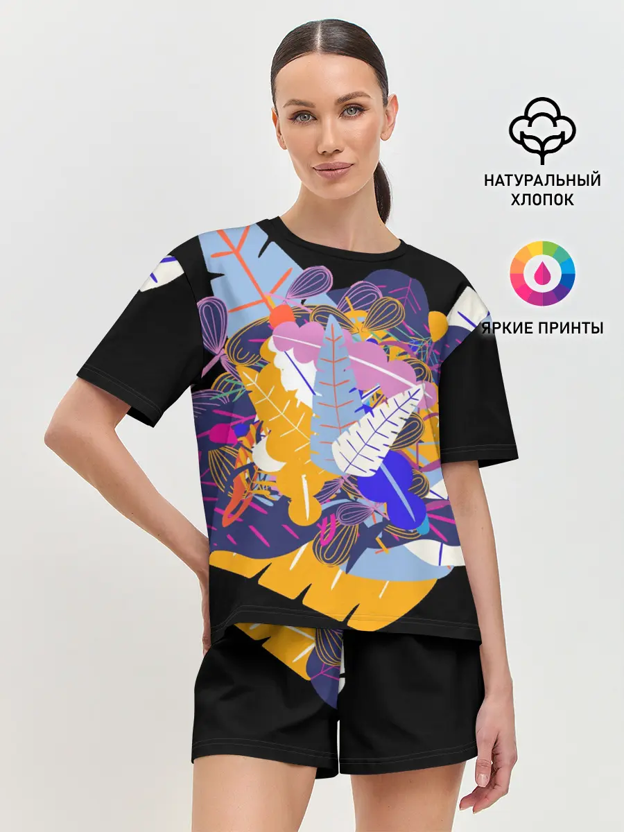 Женская пижама с шортами / узор из листьев и цветов