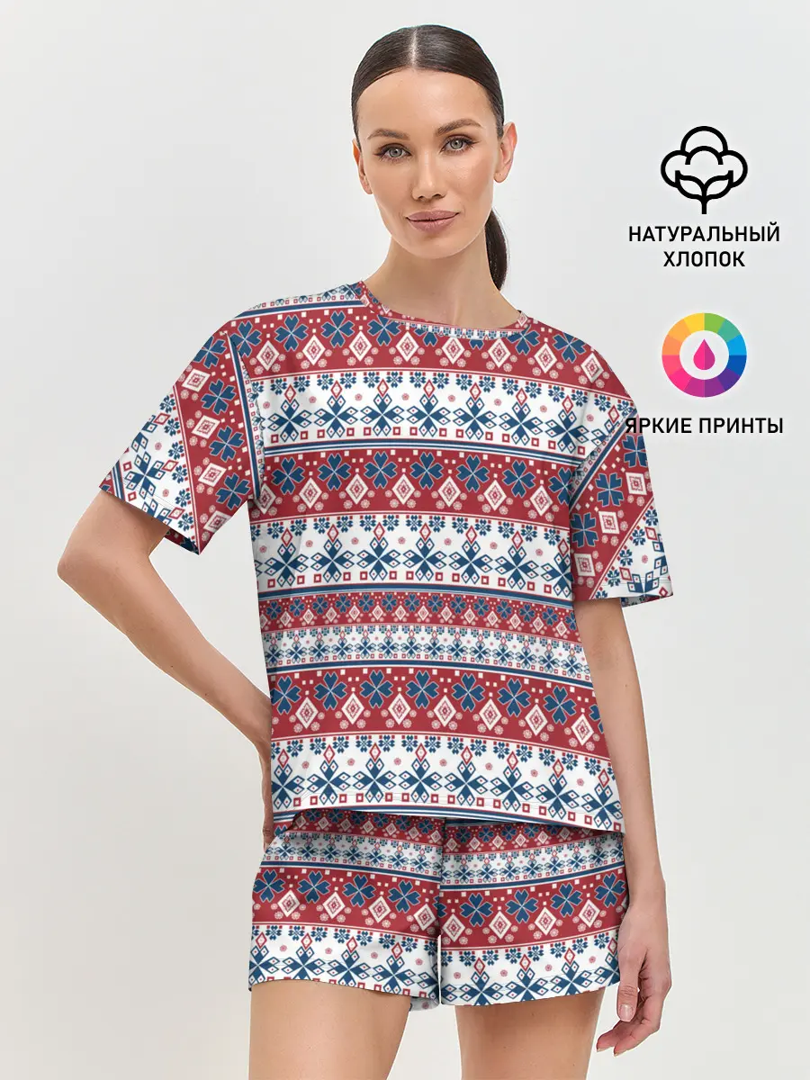 Женская пижама с шортами / Этнический красно-синий узор