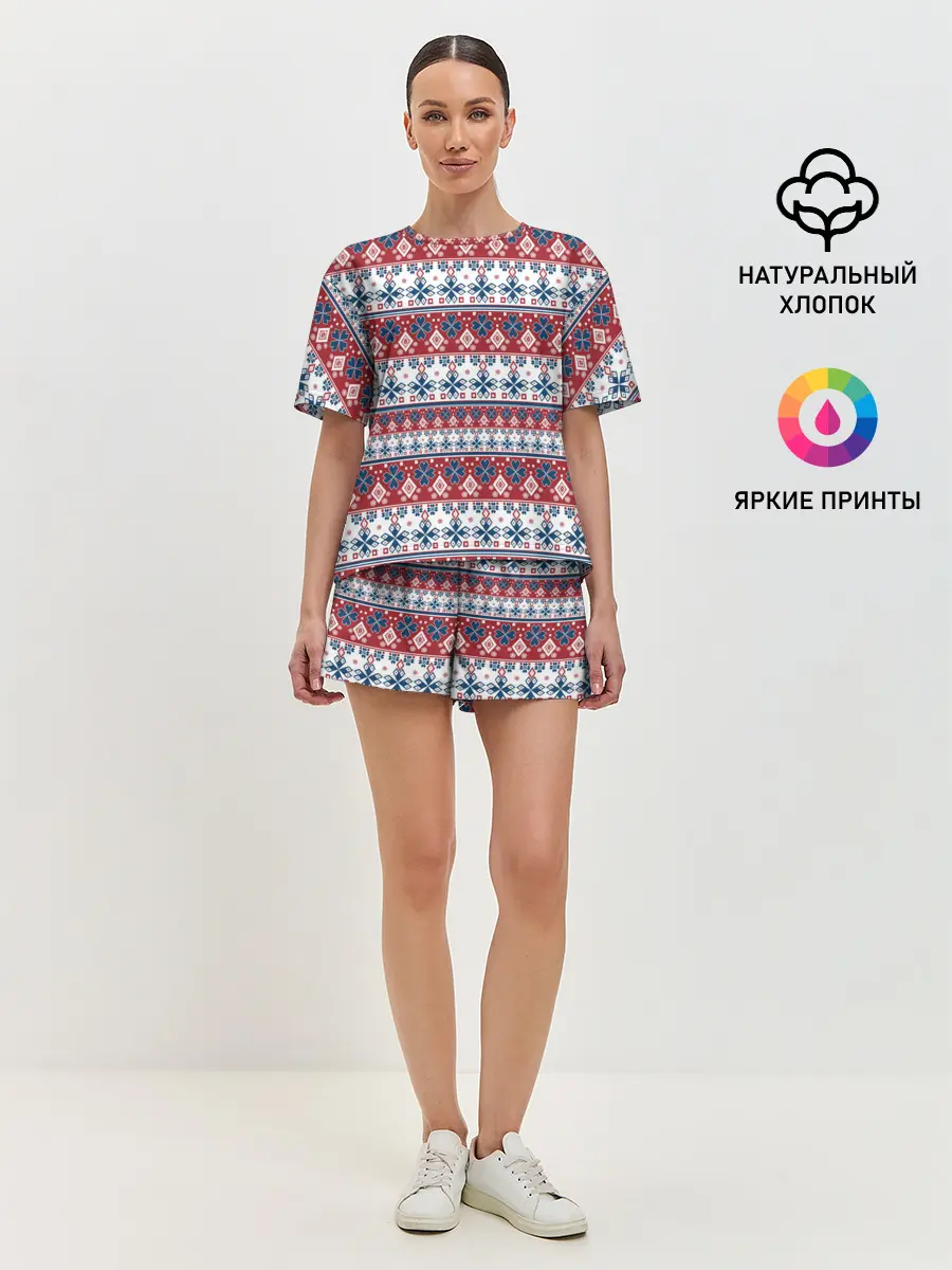 Женская пижама с шортами / Этнический красно-синий узор